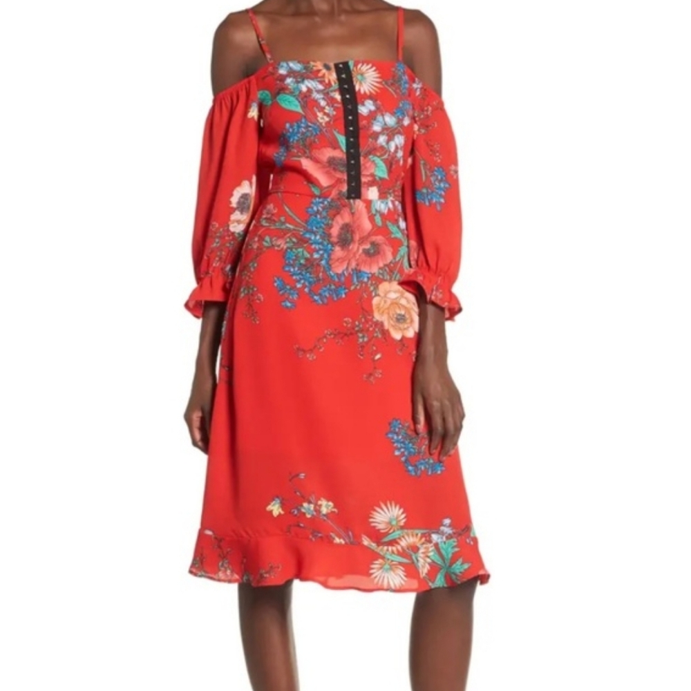 ROW A Cold Shoulder Midi Floral Dress XS NWT